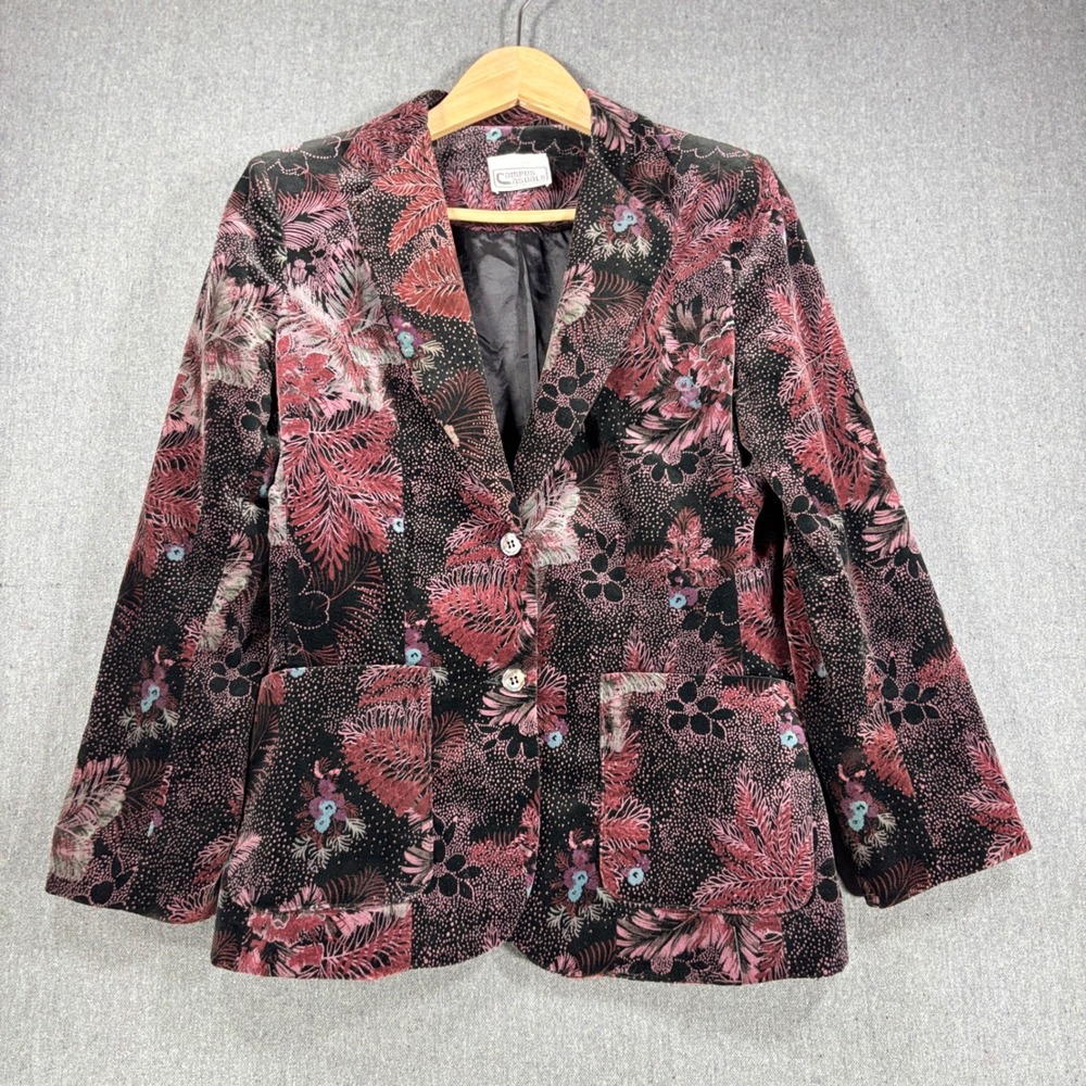 Vintage Campus Casuals of California Velvet Blazer Pink Floral Black Jacket